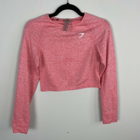 Gymshark Tops - Gymshark Pink Seamless Long Sleeve Crop Top Crew Neck Size Large Thumbholes